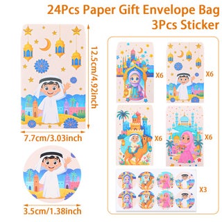 24pc Eid Mubarak paper Gift envelope Bags and 3 pcs sticker Ramadan Kareem Gift Bags
